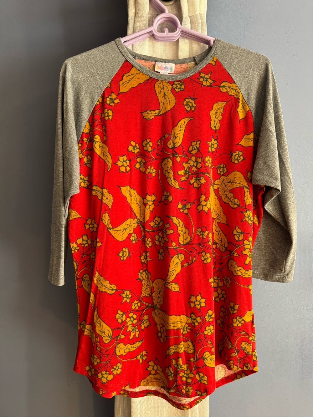 LuLaRoe Red and Yellow Floral Raglan Dress with Gray Sleeves
